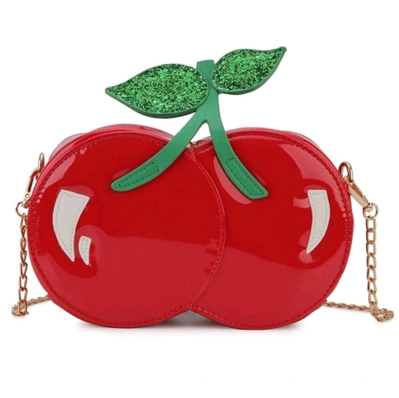 🔹️Cherry  Glitter Leaf Decor Cherry Design Chain Novelty Bag  pre-owned ✨️🍒 - Picture 1 of 8
